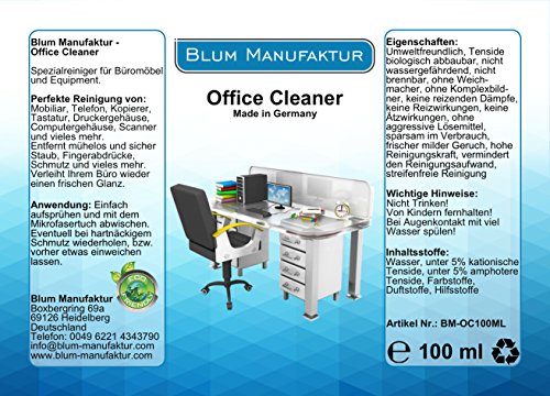 Blum – Office Cleaner 100ml + Mikrofasertuch ca. 40x40cm. Für die perfekte Reinigung von Büromöbel & Büroequipment. Reinigt alle Kunststoffflächen wie Beamer | Computer | Drucker | Fax | Kopierer | Monitore | Telefon | TV Gehäuse usw. Umweltfreundlich und biologisch abbaubar! 100% MADE IN GERMANY - 2