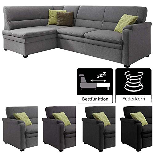 CAVADORE Ecksofa Pisoo mit Federkern / Kleine Eckcouch mit Schlaffunktion / Ottomane links / 245 x 89 x 161 / Strukturstoff hellgrau
