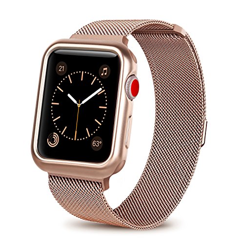 WEFU for Apple Watch Band with Case 38mm 42mm, Stainless Steel Mesh Milanese Loop with Adjustable Magnetic Closure Replacement Wristband iWatch Band for Apple Watch Series 3 2 1 (Gold Series 3, 42mm)