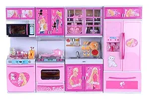 EONWISE Playing Modern Barbie Doll Kids Kitchen Set for Girls with Light and Musical 4 fold Compartment
