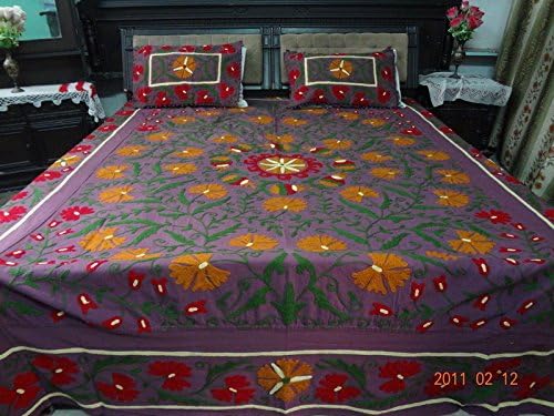 Traditional Fabrics Indian Suzani Bed Cover Handmade Cotton Bedding Bedspread With 2 Pc Pillow G341