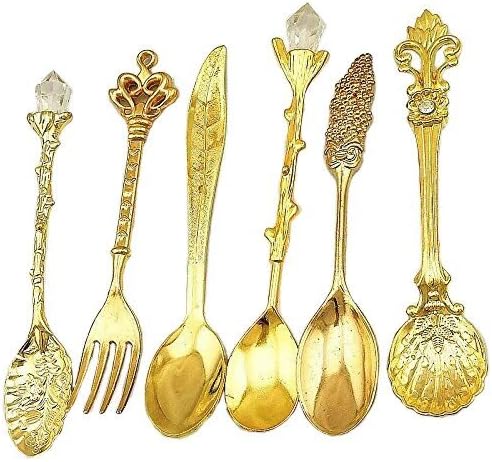 Aoxintek Set of 6pcs Tableware Cutlery Kitchen Dining Bar Nostalgic Vintage Royal Style Metal Carved Coffee Spoons and Fork for Sweet Snacks (Gold)