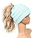 Produktbild ECMQS Winter warme gestrickte Pferdeschwanz Beanie Hut, Elastizität chaotisch hohe Bun Beanie weiche Stretch Cap (Licht Blau)