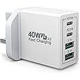 USB C Plug, 40W 4-Port Fast USB C Charger PD Power Adapter + QC USB A Wall Charger Multiport Mains Charger Plug UK Type C Fast Charging Plug for iPhone 15 14 13 12 11 Pro Max SE XS XR 8, iPad, Samsung