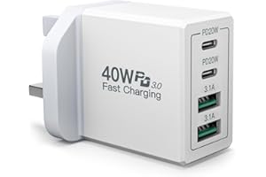 YOSOU USB C Plug, 40W 4-Port Fast USB C Charger PD Power Adapter + QC USB A Wall Charger Multiport Mains Charger Plug UK Type C Fast Charging Plug for iPhone 15 14 13 12 11 Pro Max SE XS XR 8, iPad, Samsung