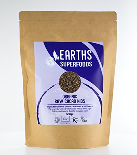 Organic Raw Cacao Nibs by Earths Superfoods | 100% Natural, No Additives Added, Soil Association Certified Raw Cacao Nibs Perfect for Snacking or Sprinkling Into Smoothies or Desserts (500g)