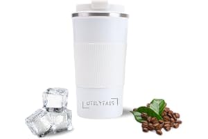 UTILYTAIS Taza de Café 510ml Blanca - Vaso Térmico de Café para Llevar - Acero Inoxidable 304 - Bebidas Antigoteo - Vaso Hermético - Libre de BPA - Bebidas Frías y Calientes, Batidos y Té