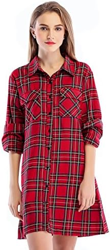 clasichic Women's Plaid Shirt Dress Casual Blouse, Red and Navy Blue Button Down Long Sleeve Tops (Red, M (UK 12-14))