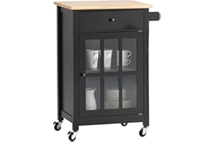 ‎SOBUY SoBuy FKW98-SCH Küchenwagen mit 1 Tür und Schublade Servierwagen mit Arbeitsplatte aus Kautschukholz Beistellwagen Rollwagen Schwarz BHT ca.: 62x87x45,5cm