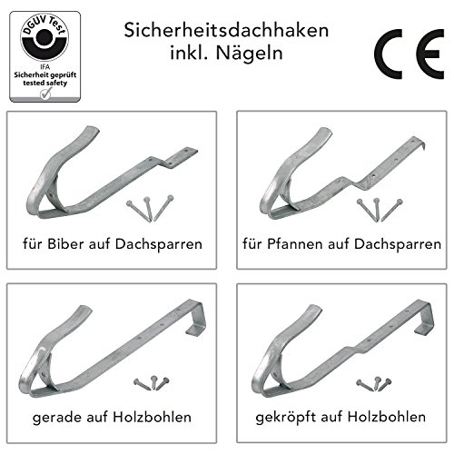 Alu Dachleiter Set 5,88 m ohne Farbe mit Dachhaken zur Montage gerade auf Holzbohlen inkl. Auflageschutz und Aushebesicherung, Made in Germany, DEKRA geprüft, Dachdeckerleiter, Dachauflegeleiter - 5