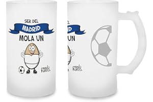 MUNDOHUEVO Jarra de cerveza Ser del Madrid mola un huevo. Cristal esmerilado de primera calidad AAA. 80 x 150 mm. 500 ml