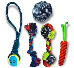 The Woof Company Pack of 5 Durable Chewing Cotton Knotted Rope Toys for Medium & Small Dogs (Color May Vary)