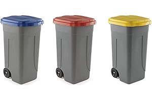 MOBIL PLASTIC S.P.A. Kit 3 bidoni raccolta differenziata 100 lt. Giallo + Blu + Rosso | Tris Pattumiere con ruote incluse | Secchi Spazzatura 100 Lt | Contenitori Rifiuti