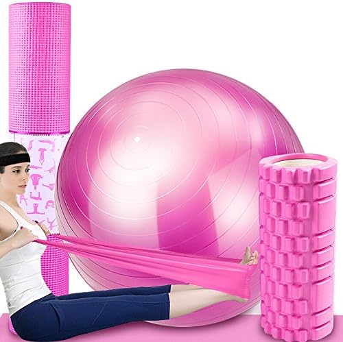 Yoga Equipment Four Pieces Sets -Anti-burst Yoga Ball,TPE Thick Non-Slip Yoga Mat,Massage Yoga Column,Rally Tablets Pregnant Women Ball Family Dance Fitness Men and Women Lose Weight Equipment Sets in Three Colors ( Color : Pink )