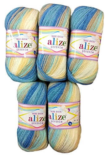 5 x 100g Babywolle Bebe Batik blau beige creme weiss Nr. 4398, 500 Gramm Wolle zum Stricken und Häkeln