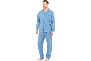MYSHOESTORE Mens Traditional Pyjamas 2 Piece Set Classic Style Plain Poly Cotton Pjs Nightwear Lounge Wear Sleepwear Suits Sleeping Suit Button Up Long Sleeve Shirt Tops Pants Trousers Bottoms