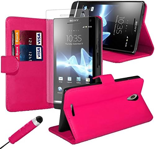 iJQ - Pink Premium PU Leather Flip Case Wallet Cover For Sony Xperia Z3 Compact Mini With Card Slots And Built in Stand Plus Screen Protector And Screen Stylus Pen