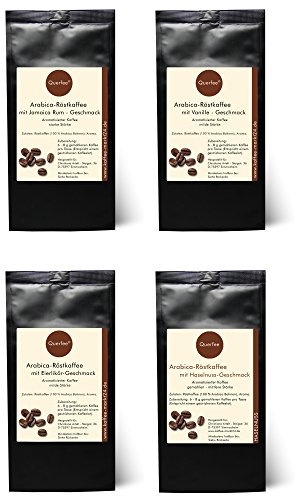 Kaffee Geschenk Set - 4 x Kaffee mit Geschmack als Probierset - Jamaica Rum, Vanille, Eierlikör, Haselnuss -Geschmack - Arabica Röstkaffee mit Aroma - gemahlen - 4 x 75 g (300 g insgesamt)