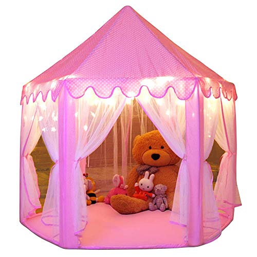 WilWolfer Girls Play Tent Hexagon Princess Castle House Palace Tents Kids Playhouse with Star light for Indoor and Outdoor (Pink)