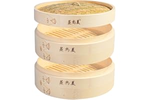 Hcooker 2 Tier Kitchen Bamboo Steamer Basket for Asian Cooking Buns Dumplings Vegetables Fish Rice