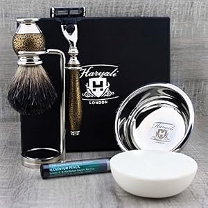 Haryali London Shaving Kit - 6pcs Gold antique - Shaving Set - Badger Shaving Brush - 3 edge Shaving Blade Shaving Razor…