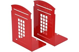 MerryNine 2 Pack Book Ends, Metal Bookends for Shelves, Telephone Booth Decorative Book end, Non Skid Heavy Bookends, Book, Magazine or CD Organizers for Home and Office Red