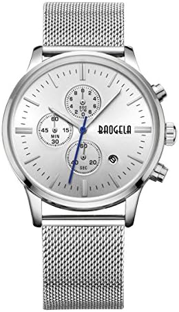 Watches Men Elegant Silver Mesh Stainless Steel Milan Bracelet BAOGELA Brand - White Dial Chronograph Date Waterproof