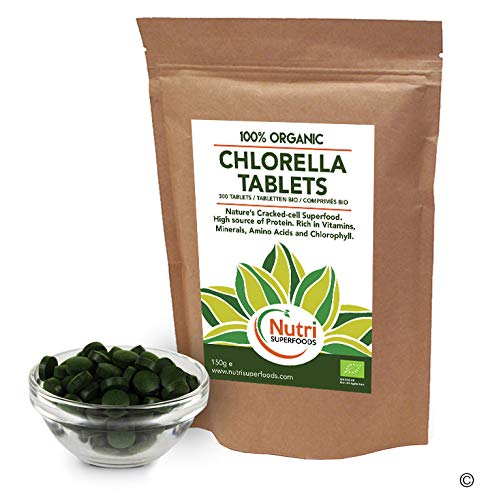 Chlorella Comprimidos Bio (300 x 500mg) Orgánica Pared Celular Rota Tablettas, Ricas en clorofila y en proteínas vegetales, Aumentan la Energía, Equilibran las Hormonas (150g)