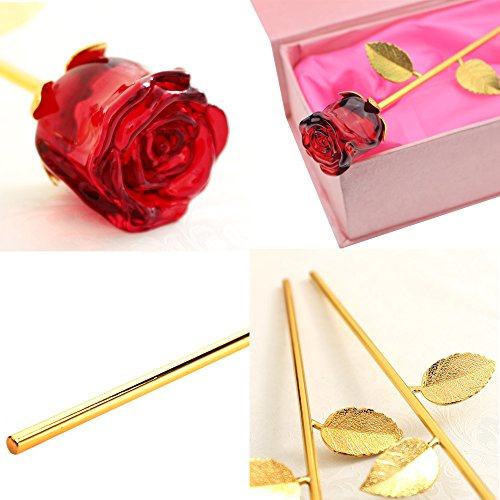 Glas Rose Blume Künstliche Kristall Rose Blume Metall Stiele und Blätter mit Geschenk-Box und Grußkarte für Valentinstag Muttertag Geburtstag Geburtstag Geschenke (Rote) - 3