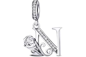 Aurevella Rosa Lettera Charms Ciondoli, S925 Argento Sterling Ciondolo, Compatibile con Europeo Braccialetti e Delle Collane,Regali di Gioielleria da Donna