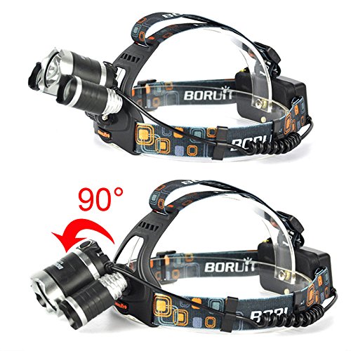 Boruit XML-T6 LED -LED Stirnlampe, LED Kopflampe mit Rotlicht für Camping, Laufen,Lesen,Fahrrad,Jagd,Angeln.mit 2*18650 Wiederaufladbare Akkus+Ladegerät+Car Charger+USB-Kabel - 4