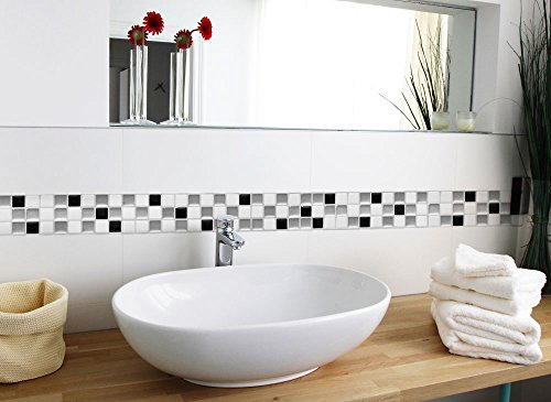 4er Set 25,3 x 5,4 cm Grandora Mosaik 3D Fliesenaufkleber W5194 selbstklebend Küche Bad Wandaufkleber Fliesendekor Folie schwarz weiß silber - 2