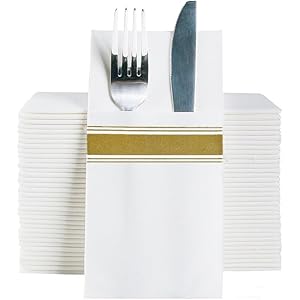 DADAWU Disposble Dinner Napkins Cloth Like with Built-in Flatware Pocket,Linen Feel White Napkin, Prefolded for Silverware,16