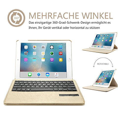 Ipad 9.7 Bluetooth Tastatur Hülle, Boriyuan 360 Grad drehbar Leder Case Schutz Tasche Cover mit Bluetooth Wireless Tastatur (Deutsche QWERTZ) keyboard case für Apple iPad 9,7 Zoll 2017 (Gold) - 2