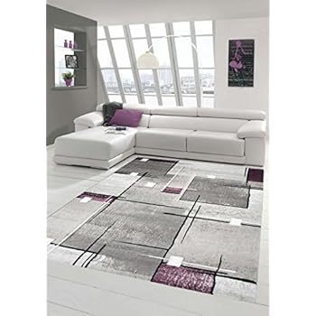 Salon Designer Tapis Contemporain Tapis Poil Ras Contour De Tapis Diamants Motif Gris Blanc Violet Größe 80x150 Cm
