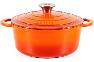 Lätt Home Cocotte in Ghisa Smaltata Arancione. Forno Olandese Pentola Rotonda Antiaderente 22x10,5 CM - 3,35 L. Casseruola Pentola in Ferro per Induzione, Vetroceramica e Forno