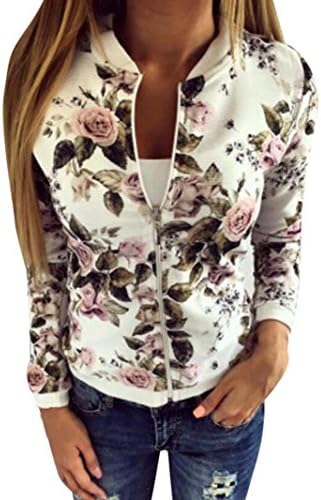 Womens Jacket Fashion Ladies Floral Printed Coat Girls Casual Long Sleeve Biker Jacket Baseball Jacket Zipper Bomber Jacket Cardigan Outwear (M, White)