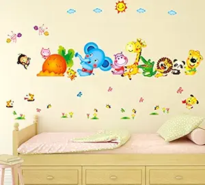 Decals Design 'Happy Cute Elephant Monkey Cartoon Animals' Wall Sticker (PVC Vinyl, 60 cm x 90 cm, Multicolour) (6900048)