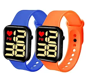 Time Up Combo of 2 Digital Square Dial Water-Proof 2021 Silicone Strap Kids Watches for Boys & Girls (Age 5-15 Years-Set of 2)-HRT-N (Navy Blue-Orange)