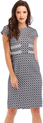 Lefancy Women's Work Cocktail Crew Neck Cap Sleeves Elegant Hounds-Tooth Jacquard Office Sheath Pencil Dress (UK-18/XXXL, Navy)