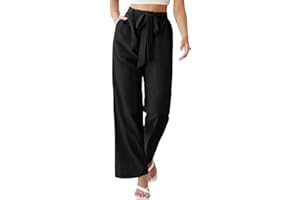 PASUDA Pantalones Mujer Verano Lino Pantalon Casuales Cintura Alta Elástica Pantalones Anchos Color Sólido Pantalón Largos para Hogar, Uso Diario