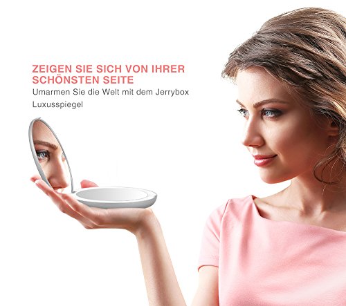 Jerrybox Kosmetikspiegel mit Beleuchtung Doppelseitiger Make Up Spiegel mit 1x/5x Vergrößerung LED Beleuchteter Taschenspiegel Schminkspiegel für unterwegs, Kompakt und Tragbar, Klappbar, Batteriebetriebend, Rund, Silber - 3