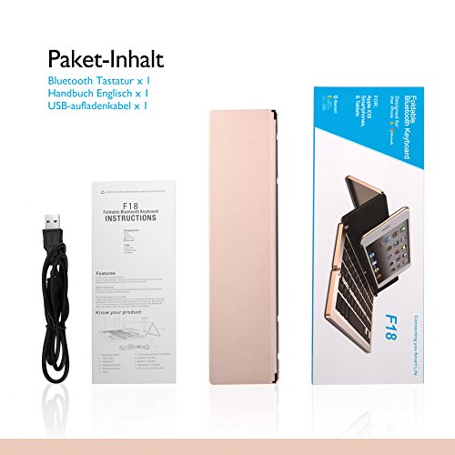 Faltbar Bluetooth Tastatur, iEGrow F18 Universal Tragbar Bluetooth 3.0 Kabellose Tastatur mit Ständerhalter für Apple iPad iPhone 7 Plus IOS, Andriod Windows Smartphone Tabletten Gold [QWERTZ deutsches Tastaturlayout] - 7