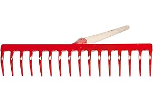 Rastrillo de jardín de 16 dientes, ancho de acero, 42 cm de ancho, 150 cm con mango de madera de álamo SHW-FIRE