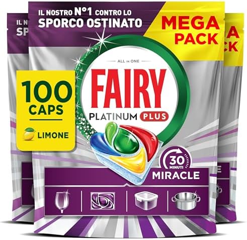 Fairy 30 Minuti Miracle Detersivo Pastiglie Lavastoviglie, 100 Capsule, Limone, Il Nostro N.1 Contro Lo Sporco Ostinato, Potente Anche Nei Cicli Brevi, MEGA Pack