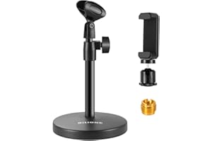 BILIONE 101S 3 in 1 Multi-Function Desktop Microphone Stand, Adjustable Table Mic Stand with Microphone Clip, Cell Phone Clip, 5/8 inch Male to 3/8 inch Female Metal Adapter,Black