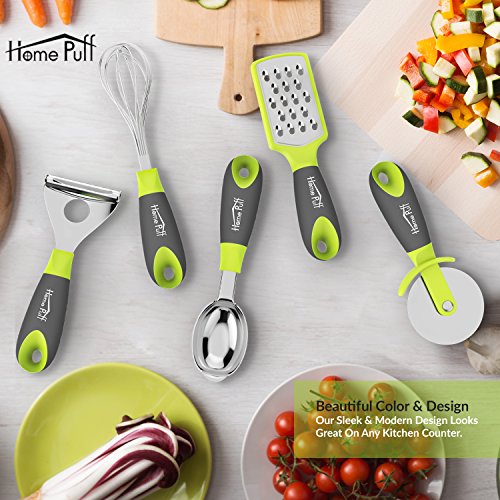 Homepuff Küchenhelfer Küchenutensilien Set aus Edelstahl(Kopfteil) und Silikon(Griff), Pizzaschneider, Schneebesen, Sparschäler, Eislöffel, Reibe.