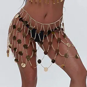 Asooll Gold Sexy Circle Sequins Body Chains Fashion Sparkly Belly Hip Skirts Tassel Waist Chains Summer Beach Nightclub Party Belts Body Accessories Jewelry for Women and Girls