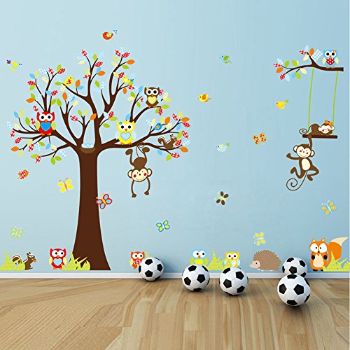 Wand Sticker Aufkleber Papier Kunst Dekoration Fröhliche Tiere Löwe Wald Baum Deko Dschungel-Affe-Waldtierwandaufkleber Eichhörnchen und Eule Schaukel Spiel - 2