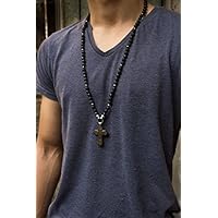 Halskette für Männer Lava Natursteinperle Elegant Schwarz Geschenk für ihn mit Hämatit Kreuz Anhänger
